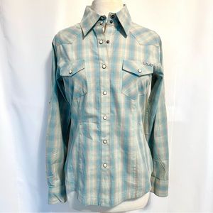 NWT POWDER RIVER OUTFITTER MINT/BLUE PLAID PEARL BUTTON WESTERN SHIRT SzM